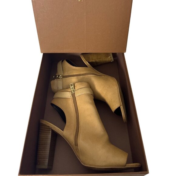 Coach Tan Leather Peep-Toe Heeled Booties With Gold Zipper & Buckle Detail - Picture 4 of 9